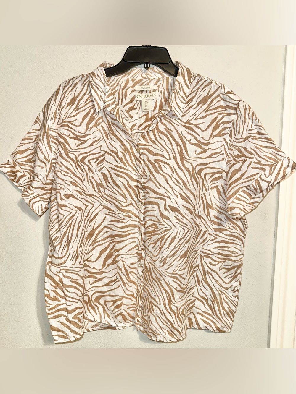 Cynthia Rowley White and Tan Zebra Print Button-Down Shirt